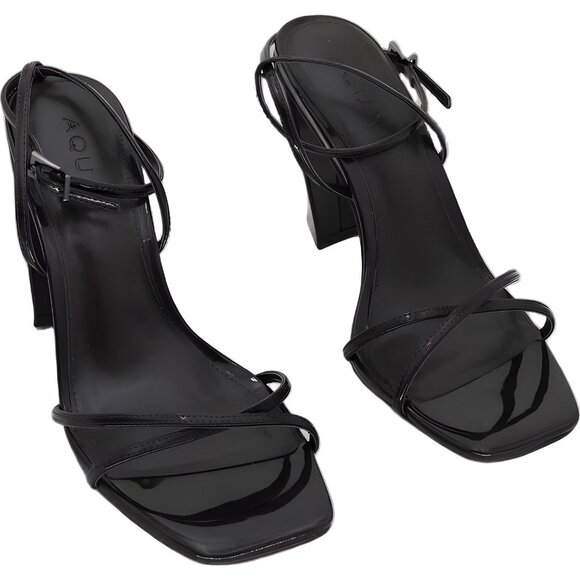 AQUA Winie Patent Strappy Sandals Black Square Toe Block Heel 8M - Picture 1 of 6